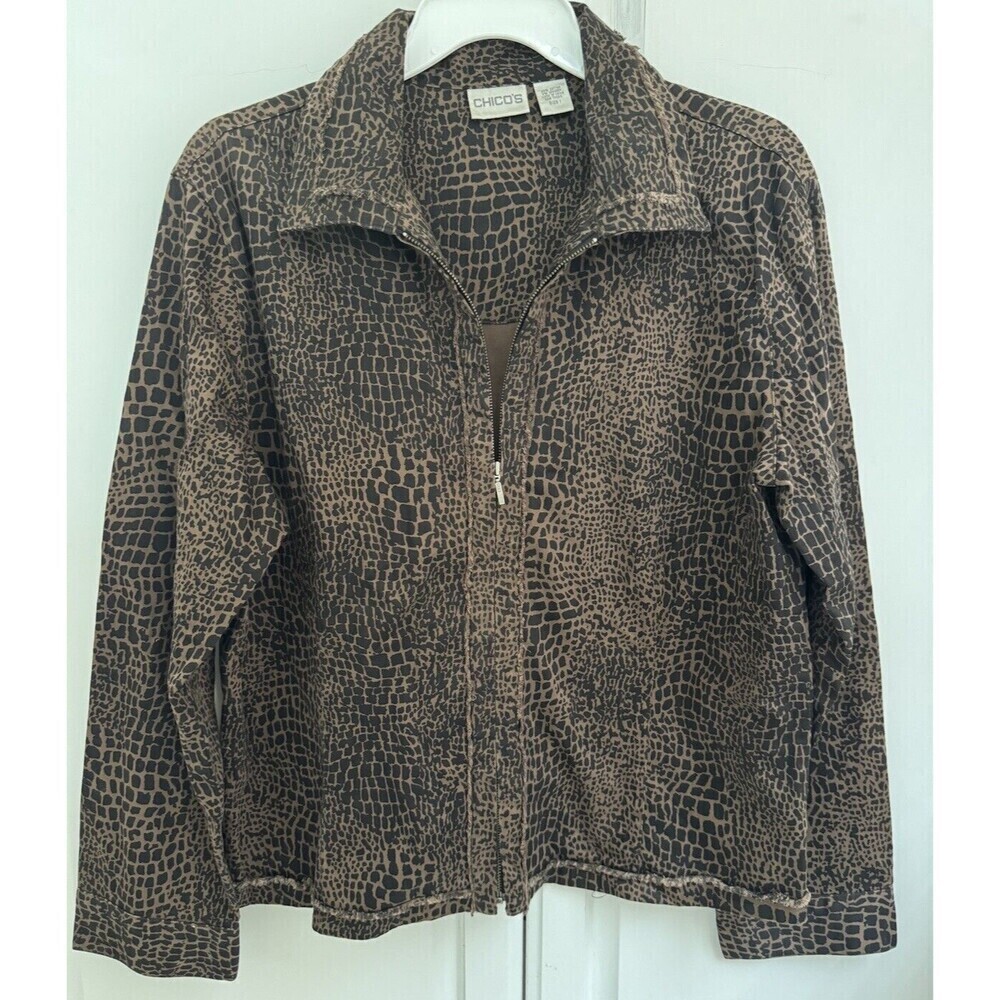 Chico's Leopard Print full Zip Front Jacket Size 1 medium brown black cotton